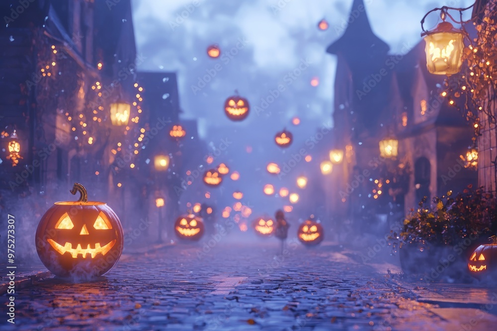Fototapeta premium Spooky Halloween Night with Jack-o'-Lanterns and Foggy Cobblestone Street.