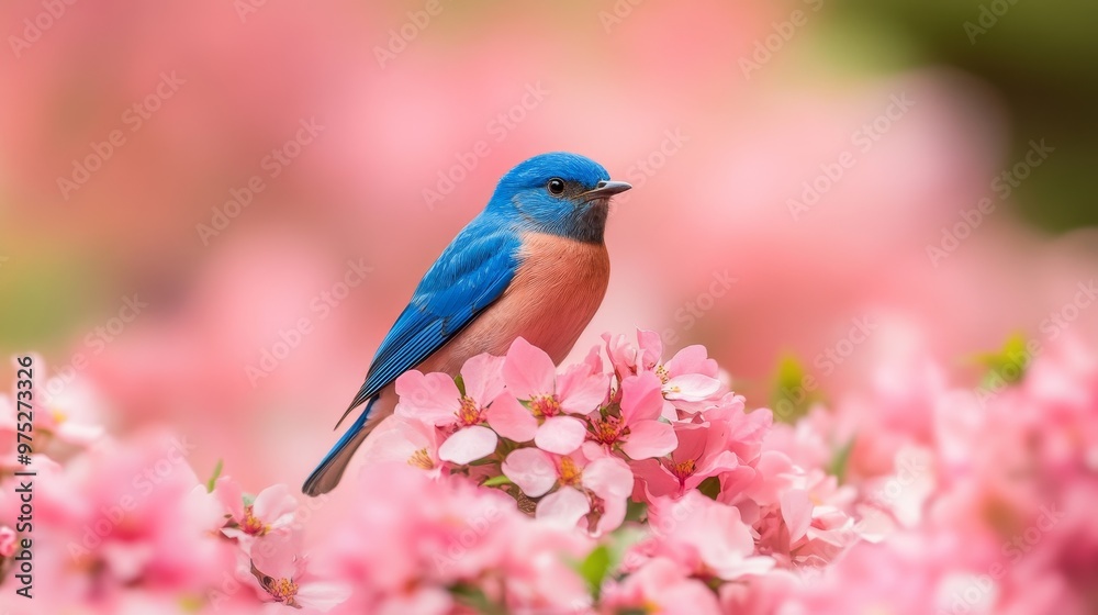 A Bluebird Perched on a Pink Flower, Macro Photography, Close-up, Bird, Flowers, Nature, Spring A Bluebird Perched on a Pink Flower, Macro Photography, Close-up, Bird, Flowers, Nature, Spring
