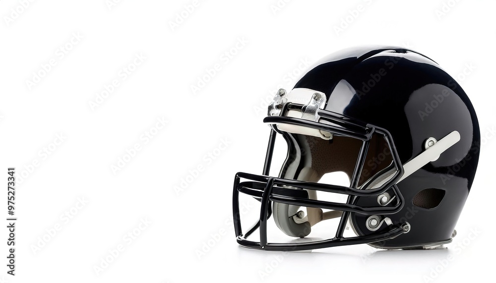 Black football helmet - a piece of head protective equipment from hard hits, concussions, injuries used mainly in American football and Canadian football. isolated on white background with copy space Black football helmet - a piece of head protective equipment from hard hits, concussions, injuries used mainly in American football and Canadian football. isolated on white background with copy space