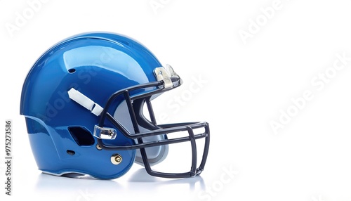 Blue Football helmet is a piece of head protective equipment from hard hits, concussions, injuries used mainly in American football and Canadian football. isolated on white background with copy space