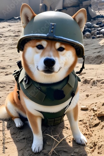 Shiba Inu dog in world war 3 wearing protection armor. survival for fittest. Generative AI
