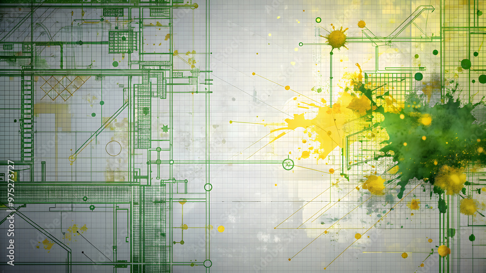 Technical drawing with yellow and green splashes on muted backdrop ...