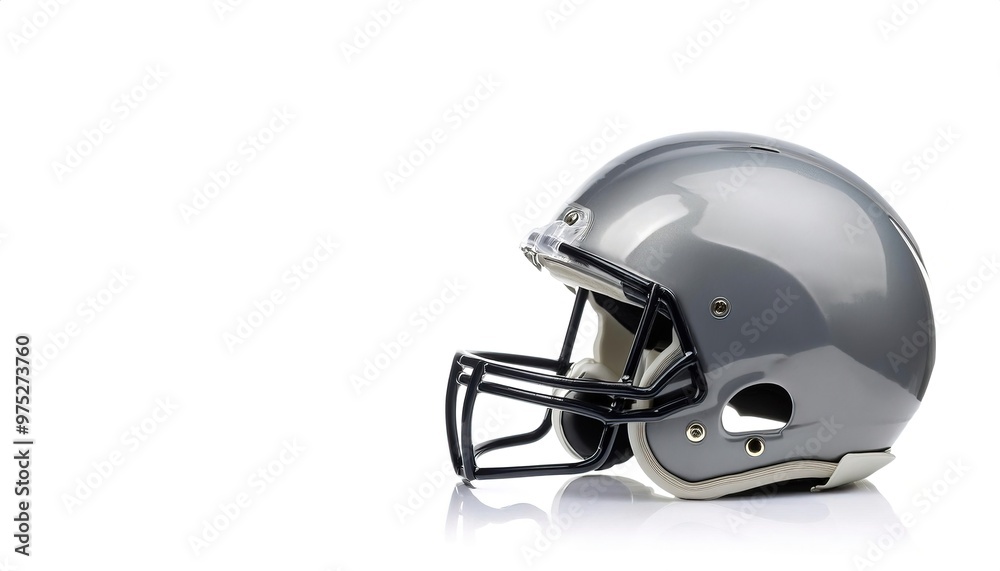 Fototapeta premium Grey Football helmet is a piece of head protective equipment from hard hits, concussions, injuries used mainly in American football and Canadian football. isolated on white background with copy space