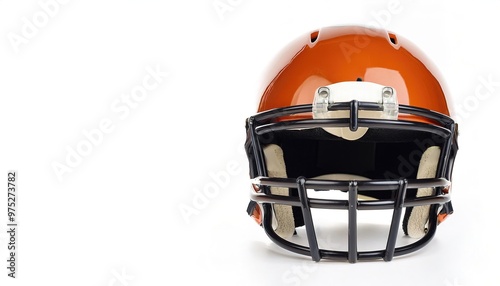 Orange football helmet - piece of head protective equipment from hard hits, concussions, injuries used mainly in American football and Canadian football. isolated on white background with copy space photo