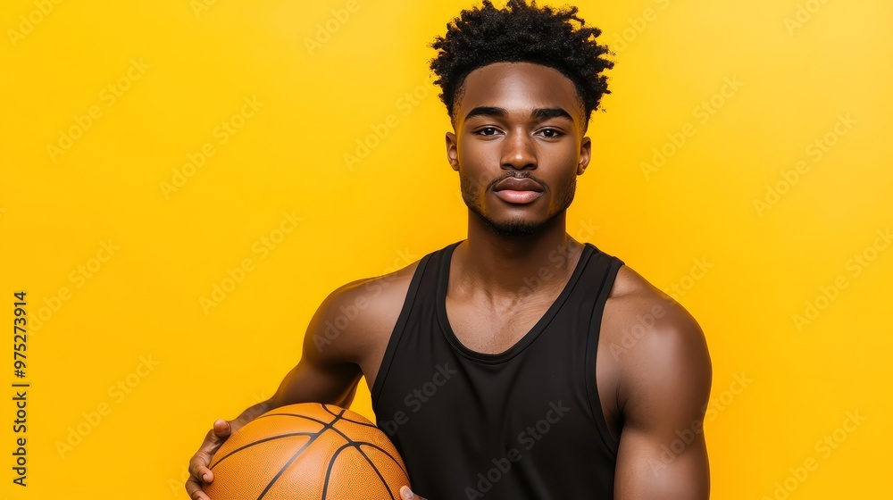 Portrait of a Young Man Holding Basketball in Natural Sunlight on Light Yellow Background Portrait of a Young Man Holding Basketball in Natural Sunlight on Light Yellow Background