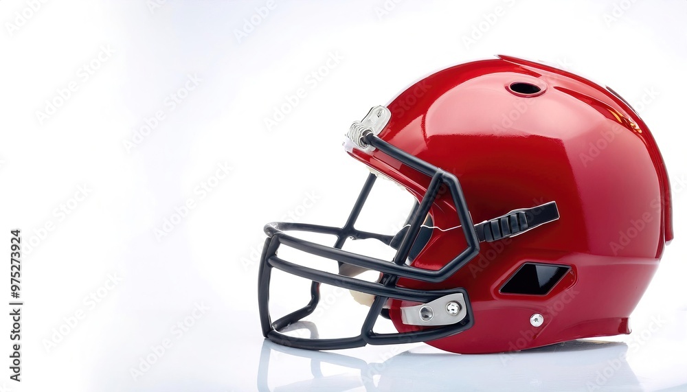 Fototapeta premium Red Football helmet is a piece of head protective equipment from hard hits, concussions, injuries used mainly in American football and Canadian football. isolated on white background with copy space