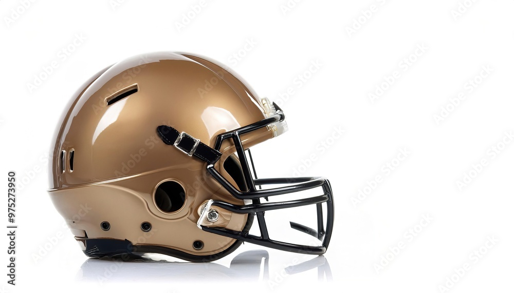Naklejka premium Gold Football helmet is a piece of head protective equipment from hard hits, concussions, injuries used mainly in American football and Canadian football. isolated on white background with copy space