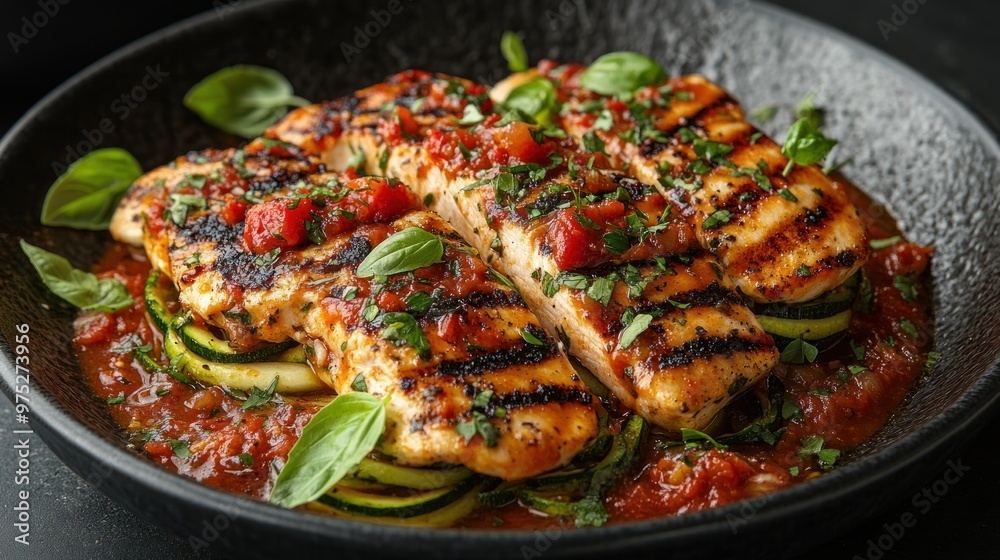Grilled salmon served with zucchini and tomato sauce. Grilled salmon served with zucchini and tomato sauce.