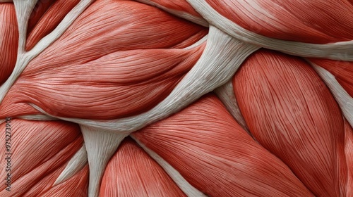 Close-up of human muscle structure showcasing detailed fibers and textures in red and white tones for educational use.