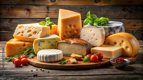 Variety of delicious cheeses including mozzarella, edam, tilsit, gouda, butter cheese, and appenzeller, cheese photo