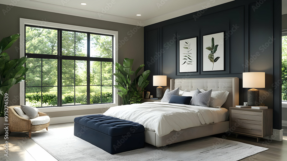 A modern bedroom with a large window, a comfortable bed, and a cozy armchair. The room is decorated with plants, lamps, and artwork. A modern bedroom with a large window, a comfortable bed, and a cozy armchair. The room is decorated with plants, lamps, and artwork.
