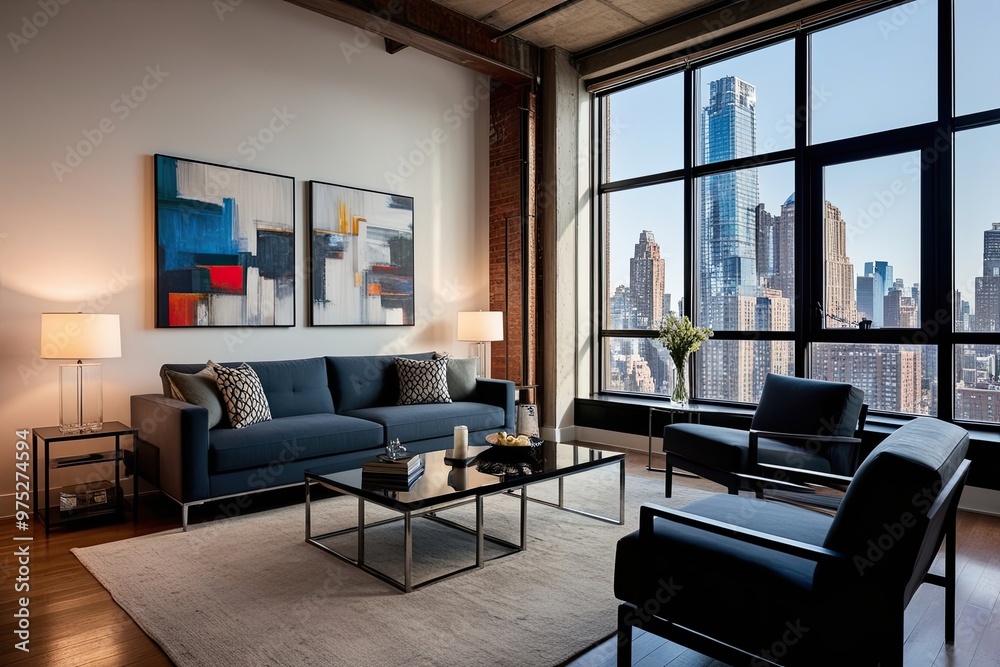 Fototapeta premium Stylish Urban Loft Studio Featuring Modern Canvas Art and Elegant Furniture