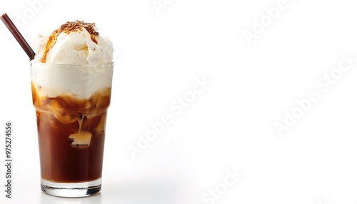 Cold Frozen Root Beer Float made with vanilla Ice Cream. Old fashioned classic summertime cold beverage snack. isolated on white background with copy space