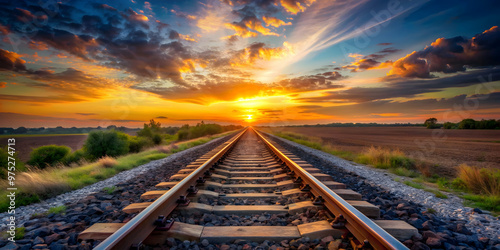 Train tracks disappearing into the horizon during a majestic sunset , train, tracks, horizon, majestic, sunset