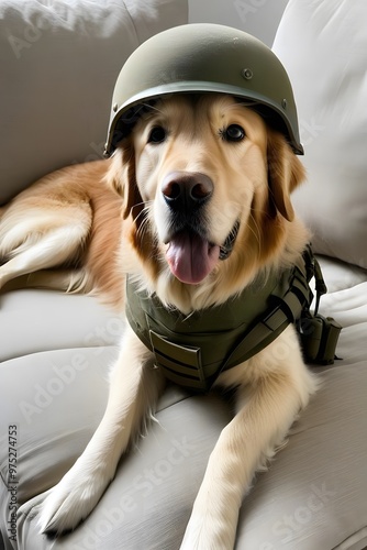 Golden Retriever  dog in world war 3 wearing protection armor. survival for fittest. Generative AI