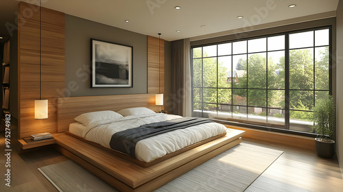 A modern bedroom with a large window, a wooden bed frame, and white bedding.