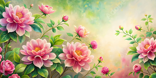 Pink flowers with green leaves in a beautiful painting, pink, flowers, green, leaves, painting, artwork, nature, floral