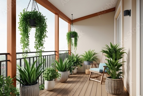 Tranquil Balcony Mockup Featuring Wooden Frame and Lush Green Plants