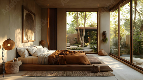 A modern bedroom with a minimalist design features a wooden platform bed, a large window, and a view of a lush garden.