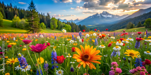 Vibrant wildflowers blooming in a lush meadow, wildflowers, vibrant, blooming, meadow, colorful, nature, spring, summer