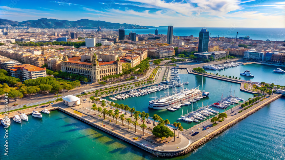 Obraz premium Aerial view of Port Vell in Barcelona, Catalonia, Spain, Port Vell, Barcelona, Catalonia, Spain, aerial view, marina