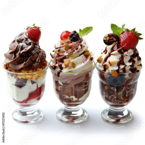 Three scoops of ice cream in glasses, each with different toppings and flavors.