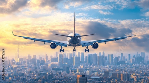 a plane carrying a banner with the Tokyo city skyline behind it