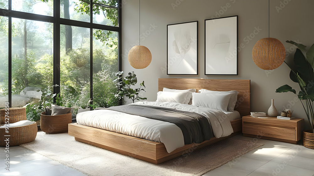 A modern bedroom with a wooden bed, a large window overlooking a lush green garden, and two wicker pendant lamps hanging over the bed.