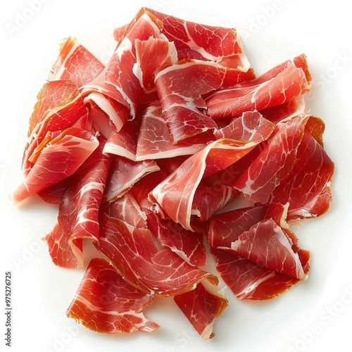 A large pile of thinly sliced Spanish ham. photo