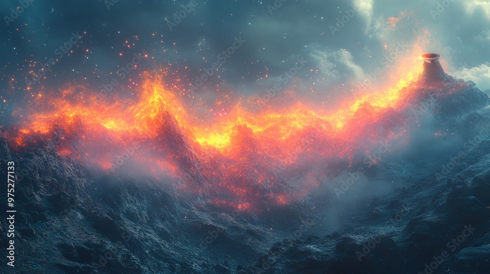 Fototapeta premium Fiery Mountain Range Under a Starry Sky