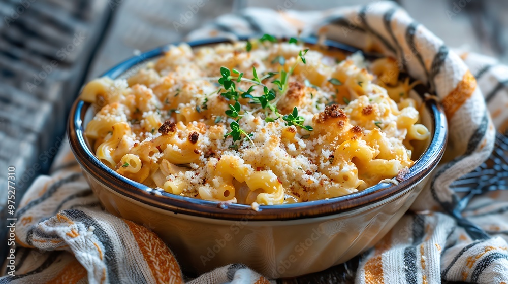 Warm chicken macaroni on a farmhouse dish with a woolly blanket backdrop Warm chicken macaroni on a farmhouse dish with a woolly blanket backdrop