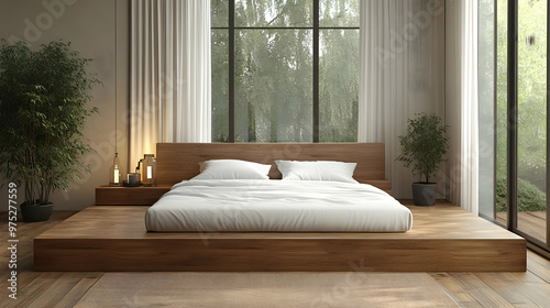 A modern bedroom with a wooden platform bed, white bedding, and large windows overlooking a lush green forest. photo