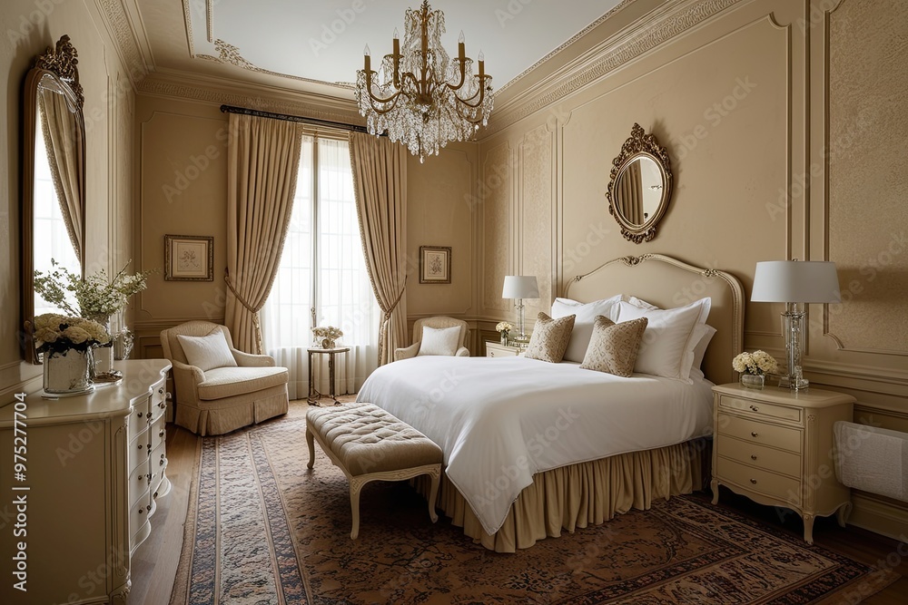 Fototapeta premium Luxurious Beige Boudoir with Retro Textures and Stylish Area Layout