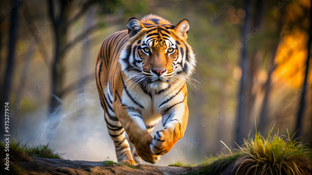 Obraz premium Majestic photo of a tiger in a powerful stride , tiger, majestic, grace, powerful, beauty, moment, wild, predator, carnivore