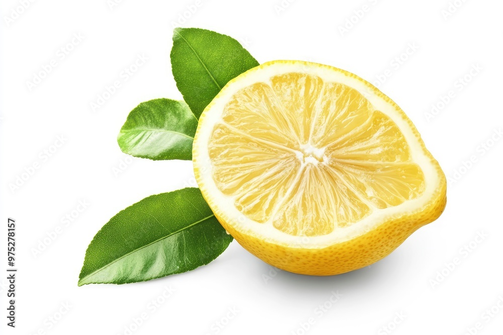 lemon with slice and green leaves isolated on white background. clipping path, ai lemon with slice and green leaves isolated on white background. clipping path, ai