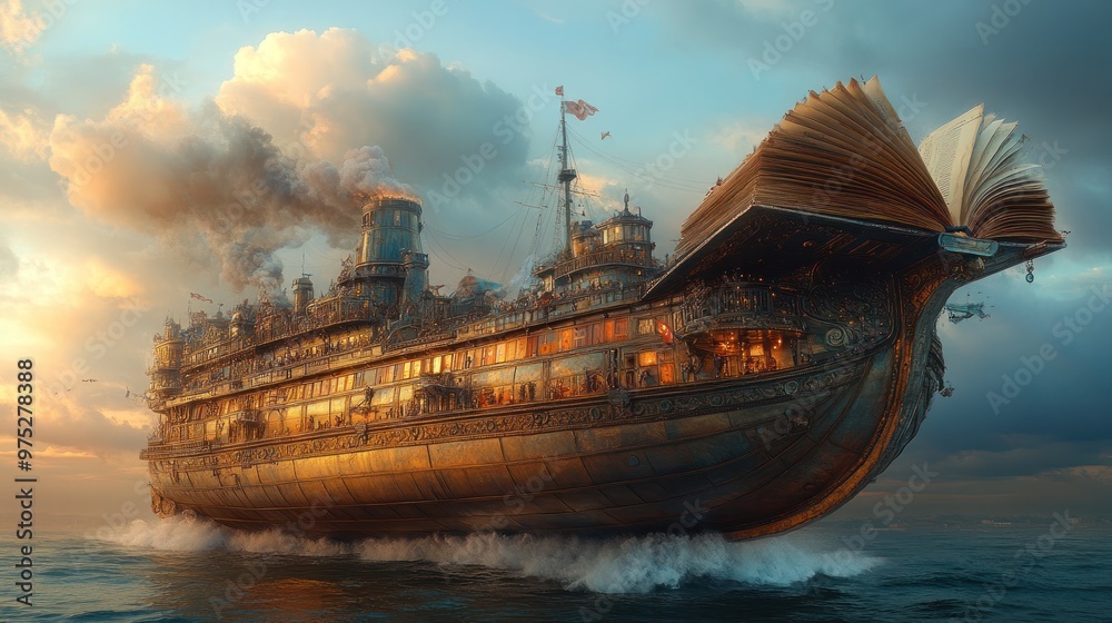 Fototapeta premium Steampunk Book Ship Sailing Into the Sunset