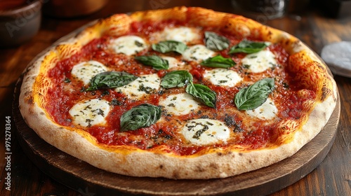 A delicious pizza topped with mozzarella and fresh basil leaves.