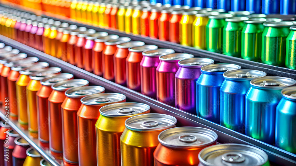 Close-up of a variety of colorful aluminum cans on a store shelf , aluminum, beverage, drinks, packaging Close-up of a variety of colorful aluminum cans on a store shelf , aluminum, beverage, drinks, packaging