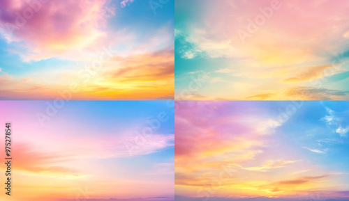 Beautiful blurred sky background with sunset gradient, blue and pink colors, with copy space. Abstract blurred sky banner with sunset or sunrise