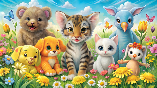 Colorful nursery art featuring animals such as elephant, duck, cat, dog, tiger, and flower power , nursery, art, animals, elephant