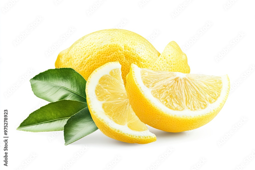 lemon with slice and green leaves isolated on white background. clipping path, ai
