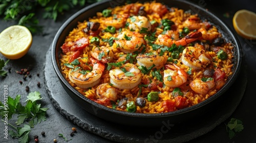 A vibrant shrimp paella garnished with herbs and lemon.