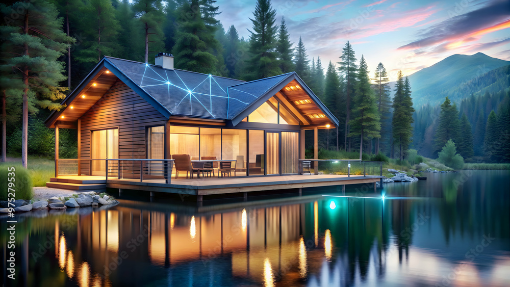 Fototapeta premium Serene lakeside cabin with smart home technology and holographic decor, serene, lakeside, cabin