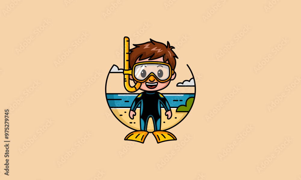 Cartoon character in snorkeling gear ready to swim. Cartoon character in snorkeling gear ready to swim.