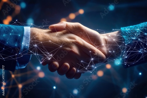 Business, agreement or handshake with zoom for cooperation, welcome or thank you for meeting. Partnership, shaking hands or contact with greeting for b2b or teamwork, collaboration or success, ai