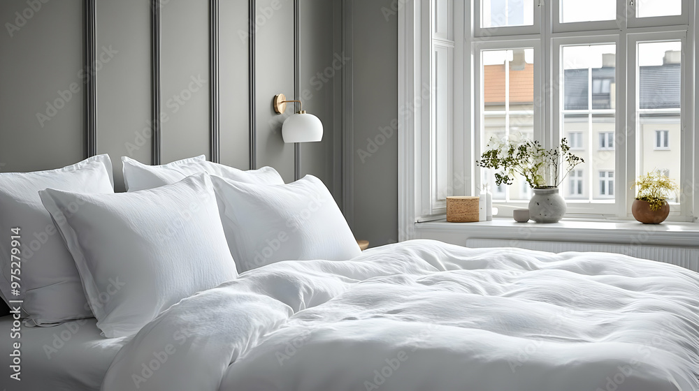 A pristine white bed with fluffy pillows and a white duvet cover, set against a gray wall with a large window in the background, allowing natural light to illuminate the room. A pristine white bed with fluffy pillows and a white duvet cover, set against a gray wall with a large window in the background, allowing natural light to illuminate the room.