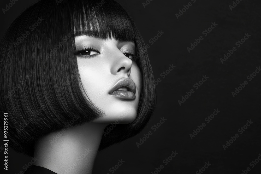 Elegant woman with shiny bob haircut posing gracefully against a dark backdrop, showcasing unique styling and beauty trends