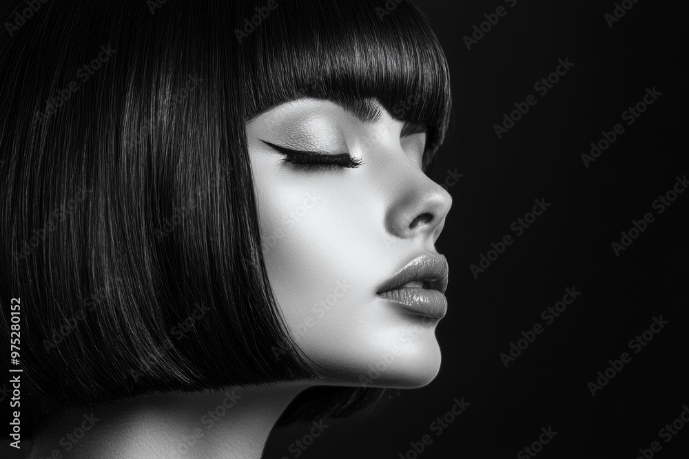 A woman with a sleek bob haircut showcases shiny hair, posing elegantly against a dark backdrop in a contemporary style shoot A woman with a sleek bob haircut showcases shiny hair, posing elegantly against a dark backdrop in a contemporary style shoot