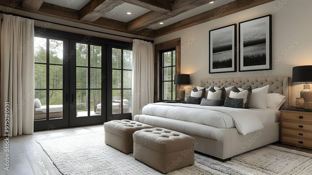 A spacious and luxurious bedroom with a king-size bed, large windows, and a view of the forest. A spacious and luxurious bedroom with a king-size bed, large windows, and a view of the forest.