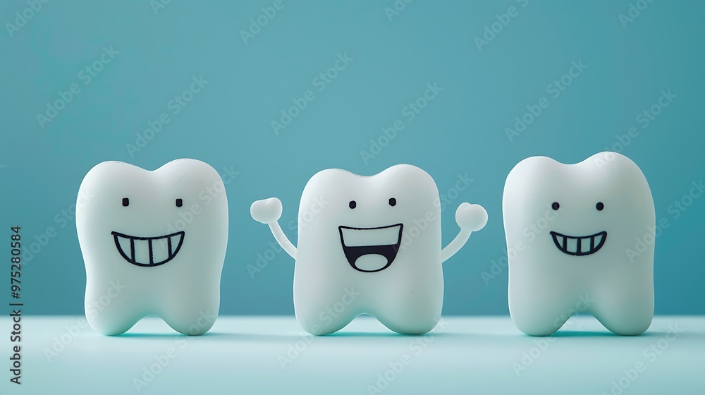 White adorable humorous teeth smiling creatures isolated on a backdrop of blue and turquoise White adorable humorous teeth smiling creatures isolated on a backdrop of blue and turquoise